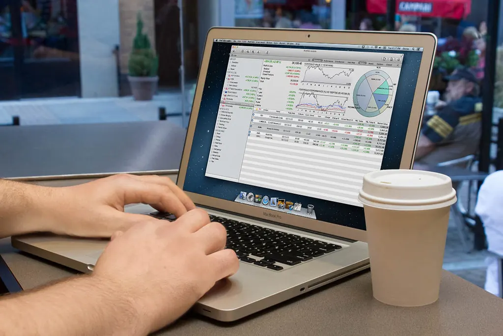 Over-the-shoulder view of a laptop screen showing an investment chart